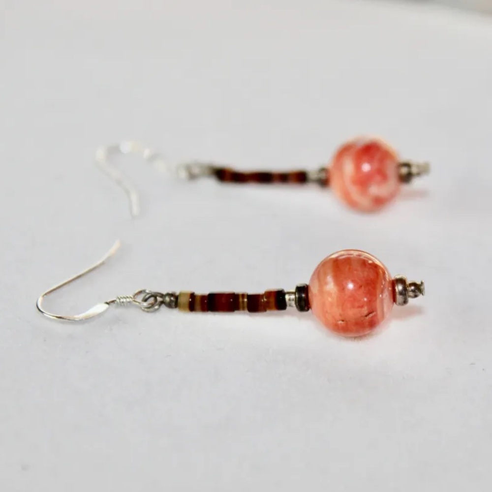 New Peach Adventurine & Coconut Shell Beaded Earrings, SS Earwires